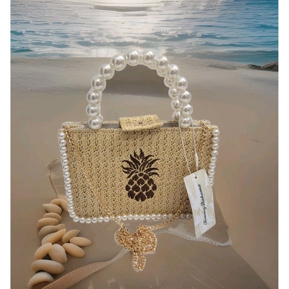 Tommy Bahama Handbags - Tommy Bahama Pineapple Woven Mini Tote Faux Pearl Handle Crossbody Bag Coastal